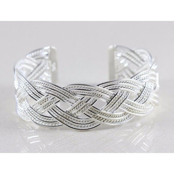 Sterling Silver Cuff Bracelet Large Braided Weave Cuff 7 1/2 Inch Adjustable - Picture 2 of 6